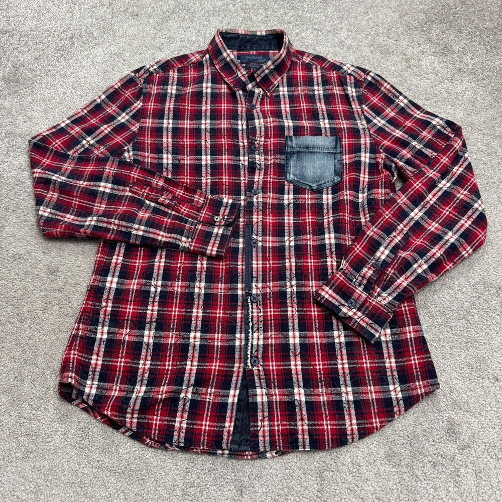 Desigual Flannel Button Down Shirt Mens Large Red Plaid Denim Trim Embroidered